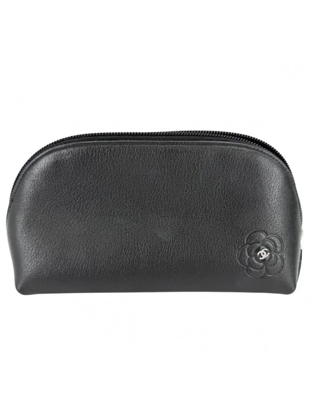 Chanel Pouch Camellia CC Logo Case Leather Black Silver